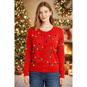 ModCloth Christmas Lights Cardigan Red Pom Pom Sweater Small Festive Whimsical